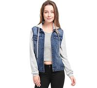 Allegra K Women's Layered Drawstring Hood Denim Jacket with Pockets Dark Blue XS