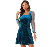 Allegra K Women's Mesh Sheer Puff Long Sleeve Square Neck Glitter Star Mini Velvet Dress Dark Blue L