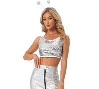 Allegra K Women's Metallic Sequin Crop Top Sparkle Glitter Sleeveless Party Club Tank Top, Silver, M