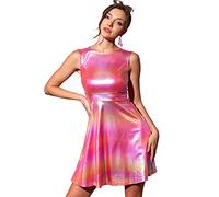 Allegra K Women's Metallic Sleeveless Round Neck High Waist Holographic Flare Dress Hot Pink 20