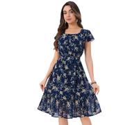 Allegra K Womens Midi Floral Chiffon Dresses Flutter Sleeve Ruffled Dress | Square Neck, Elastic Waist, Flowy, A-Line, Self Tie Belt, Lined, Summer Dress, Vacation, Daily Wear