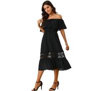 Allegra K Women's Off Shoulder Ruffle Lace Insert High Waist Short Sleeve Flowy Midi Dress, Black, M