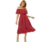Allegra K Women's Off Shoulder Ruffle Sleeve Lace Insert Chiffon Casual Beach Vacation Midi Dress, Dark Red, XS