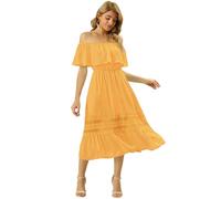 Allegra K Women's Off Shoulder Ruffle Sleeve Lace Insert Chiffon Casual Beach Vacation Midi Dress, Saffron Yellow, XS