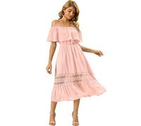 Allegra K Women's Off The Shoulder Ruffle Sleeve Lace Insert Beach Chiffon Midi Dress, Light Pink, M