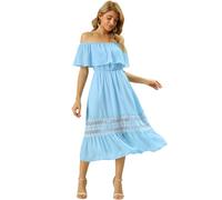 Allegra K Women's Off The Shoulder Ruffle Wedding Guest Lace Insert Beach Party Midi Dress, Light Blue, XL
