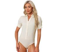 Allegra K Women's Office Blouse Button Down One-Piece Short Sleeve Bodysuit Work Shirt Beige L
