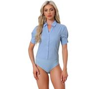 Allegra K Women's Office Blouse Button Down One-Piece Short Sleeve Bodysuit Work Shirt Blue L