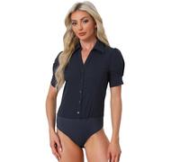 Allegra K Women's Office Blouse Button Down One-Piece Short Sleeve Bodysuit Work Shirt Navy Blue M