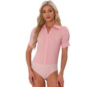 Allegra K Women's Office Blouse Button Down One Piece Short Sleeve Bodysuit Work Shirt Pink XS
