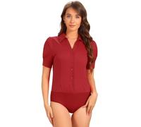 Allegra K Women's Office Blouse Button Down One Piece Short Sleeve Bodysuit Work Shirt Red L