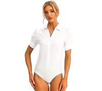Allegra K Women's Office Blouse Button Down One-Piece Short Sleeve Bodysuit Work Shirt White XS