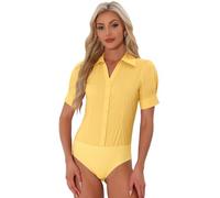 Allegra K Women's Office Blouse Button Down One Piece Short Sleeve Bodysuit Work Shirt Yellow XL
