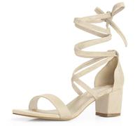 Allegra K Women's Open Toe Lace Up Mid Chunky Heeled Sandal Beige/Faux Suede 5 UK