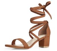 Allegra K Women's Open Toe Lace Up Mid Chunky Heeled Sandal Brown/Faux Suede 4.5 UK
