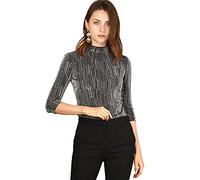 Allegra K Women's Party Glitter 3/4 Sleeve Shiny Striped Metallic Tops Silver Black 16