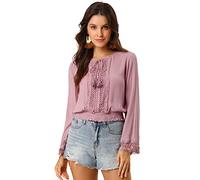 Allegra K Women's Peasant Top Bell Sleeve Smocked Waist Boho Blouse, Dusty Pink, S