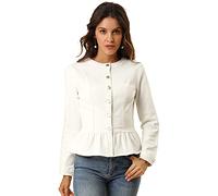 Allegra K Women's Peplum Denim Jackets Collarless Round Neck Button Down Cropped Ruffle Hem Coat - white - Large
