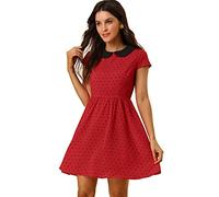 Allegra K Women's Peter Pan Collar Above Knee Contrast Polka Dots Dress Red M-12