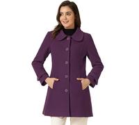 Allegra K Women's Peter Pan Collar Overcoat Winter Dressy Button Single Breasted Long Coat, Purplish Red, XL