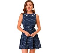 Allegra K Women's Peter Pan Collar Printed Belted Contrast Color Sleeveless Dress Blue 20
