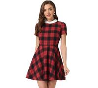 Allegra K Women's Peter Pan Collar Puff Short Sleeve A-line Tartan Dress Red XL-20
