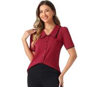 Allegra K Women's Peter Pan Collar Shirt Puff Short Sleeve Button Chiffon Blouse Top Wine Red S