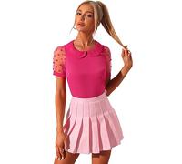 Allegra K Women's Peter Pan Collar Shirt Tops Short Sleeve 1950s Vintage Polka Dots Mesh Sleeve Blouse, Hot Pink, M