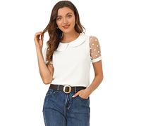 Allegra K Women's Peter Pan Collar Shirt Tops Short Sleeve 1950s Vintage Polka Dots Mesh Sleeve Blouse, White, L