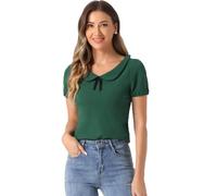Allegra K Women's Peter Pan Collar Shirt Vintage 1950s Solid Short Sleeve Blouse, Dark Green, S