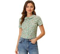 Allegra K Women's Peter Pan Collar Shirts Button Front Vintage Floral Blouse Top, Green, L