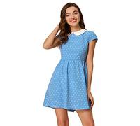 Allegra K Women's Peter Pan Collar Short Sleeves Contrast A-Line Polka Dots Dress, Light Blue, L