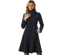 Allegra K Women's Peter Pan Collar Single Breasted Belted Contrast Trim Swing Winter Coat Navy Blue S