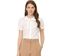 Allegra K Women's Peter Pan Collar Tie Neck Cotton Puff Sleeve Button Down Blouse Shirt White 20