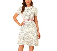 Allegra K Women's Peter Pan Collar Tie Neck Short Sleeves A-Line Elegant Belted Vintage Floral Dress, White, XS