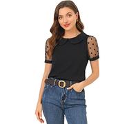 Allegra K Women's Peter Pan Collar Top Vintage Polka Dots Mesh Sleeve Blouse Black XL-20