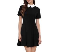 Allegra K Women's Peter Pan Contrast Doll Collar Short Sleeves Above Knee Flare Dress Black XS-4