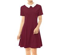 Allegra K Women's Peter Pan Contrast Doll Collar Short Sleeves Above Knee Flare Dress Burgundy S-8