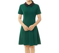 Allegra K Women's Peter Pan Dresses Contrast Doll Collar Short Sleeves Above Knee Flare Dress Green M