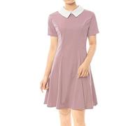 Allegra K Women's Peter Pan Dresses Contrast Doll Collar Short Sleeves Above Knee Flare Dress Pink M