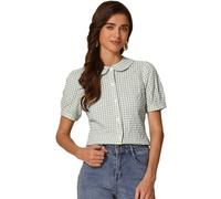 Allegra K Women's Plaid Blouse Puff Short Sleeve Gingham Peter Pan Collar Button Down Shirt Light Green L