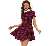 Allegra K Women's Plaid Grid Peter Pan Collar Contrast Christmas Xmas Party Short Sleeve A-line Dress, Red Blue, S