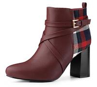 Allegra K Women's Plaid Pointed Toe Crisscross Strap Block Heels Ankle Boots Burgundy 7 UK/Label Size 9 US