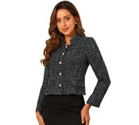 Allegra K Women's Plaid Tweed Blazer Long Sleeve Button Decor Work Office Crop Jacket Black XL
