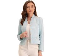 Allegra K Women's Plaid Tweed Blazer Long Sleeve Button Decor Work Office Crop Jacket Light Blue XS
