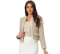 Allegra K Women's Plaid Tweed Blazer Suit Blazers Long Sleeve Open Front Work Office Short Jacket Khaki XS