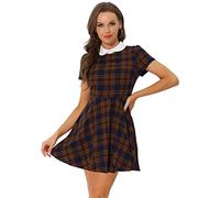 Allegra K Women's Plaids Contrast Peter Pan Collar Puff Sleeves Above Knee Dress Blue Brown M