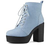Allegra K Women's Platform Chunky High Heel Lace Up Combat Boots Denim Blue 5.5 UK/Label Size 7.5 US