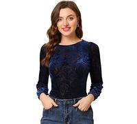 Allegra K Women's Polka Dots Burn-Out Long Sleeve Velvet Blouse Top Blue-Floral 16