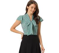 Allegra K Women's Polka Dots Office Shirt Ruffled Sleeve Tie Neck Blouse Light Green XL